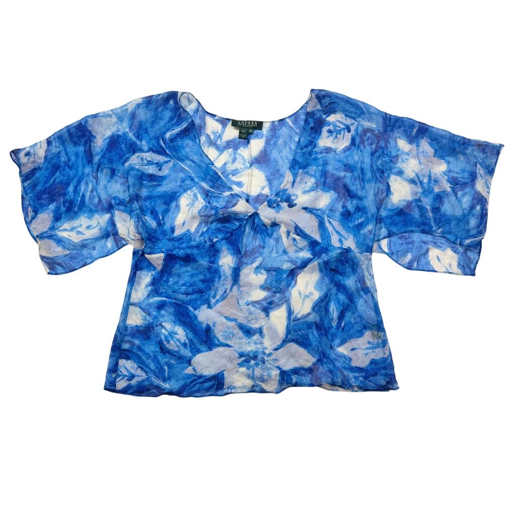 Lauren Ralph Lauren Silk Blue Floral Blouse Women's 10P Petite Coastal Cruise - Picture 6 of 16